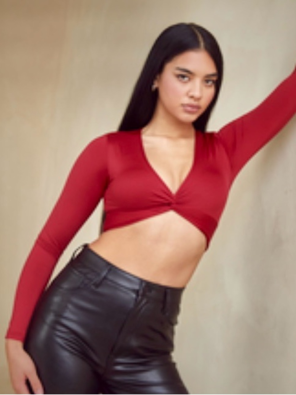 Klassy Network Long-Sleeve Twist Front Crop Top - Red Brami